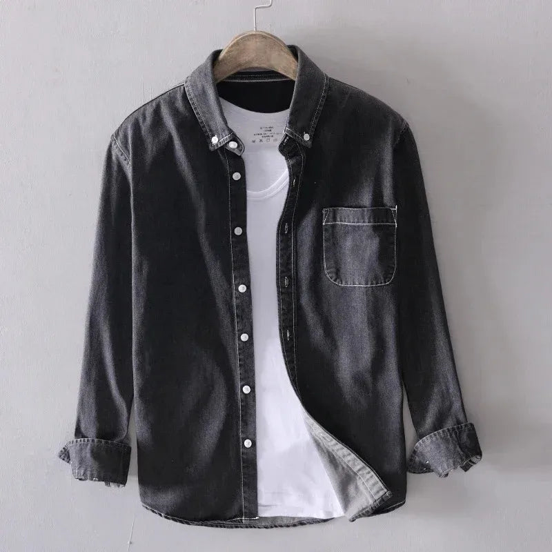 Mens Cotton Denim Shirt Long Sleeve Casual Button Down for Spring Autumn