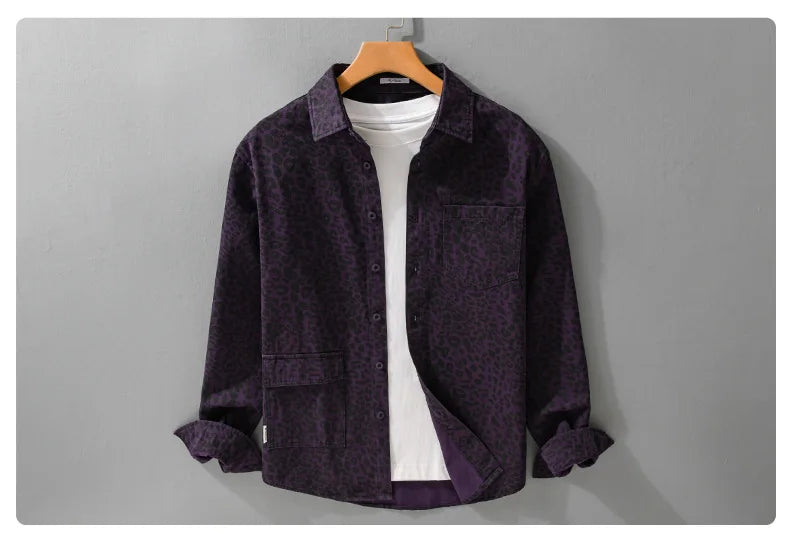Mens Leopard Print Vintage Long Sleeve Casual Shirt for Spring and Fall