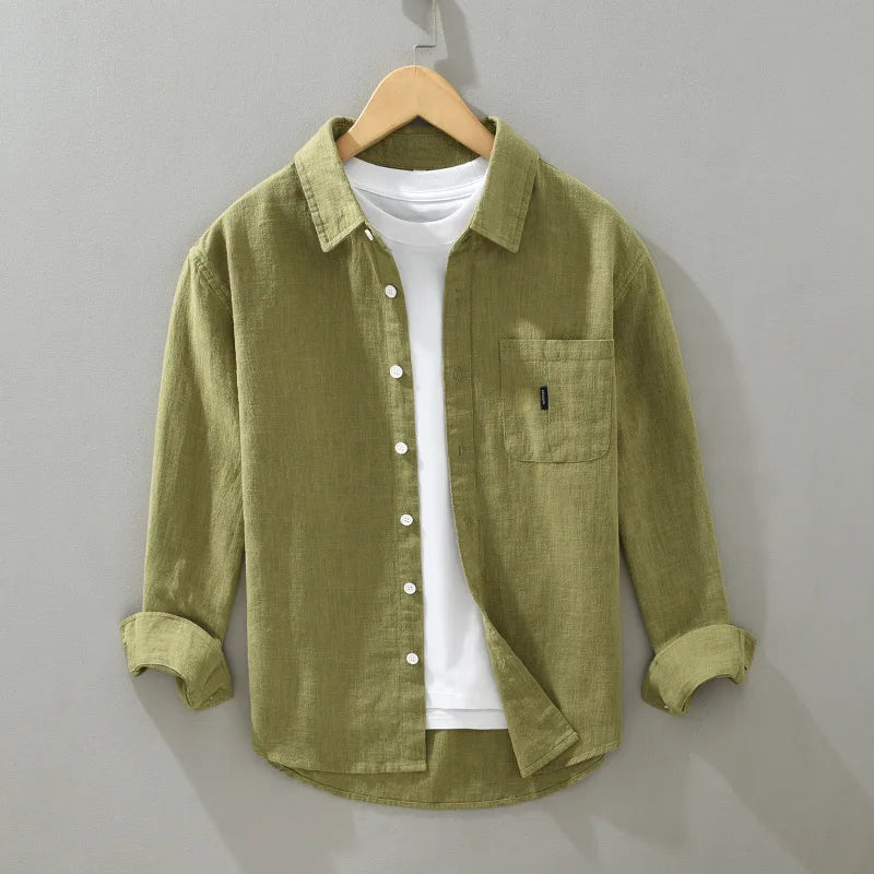 Mens Cotton Linen Casual Shirt Spring Fall Turn Down Collar