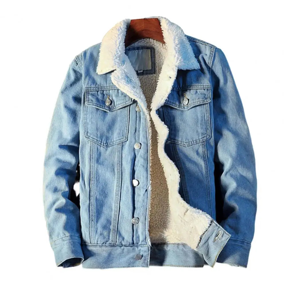 Mens Fleece Lined Denim Jacket Winter Turn Down Collar Coat