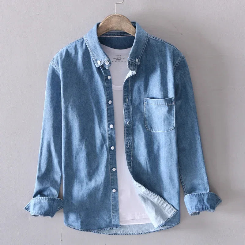 Mens Cotton Denim Shirt Long Sleeve Casual Button Down for Spring Autumn