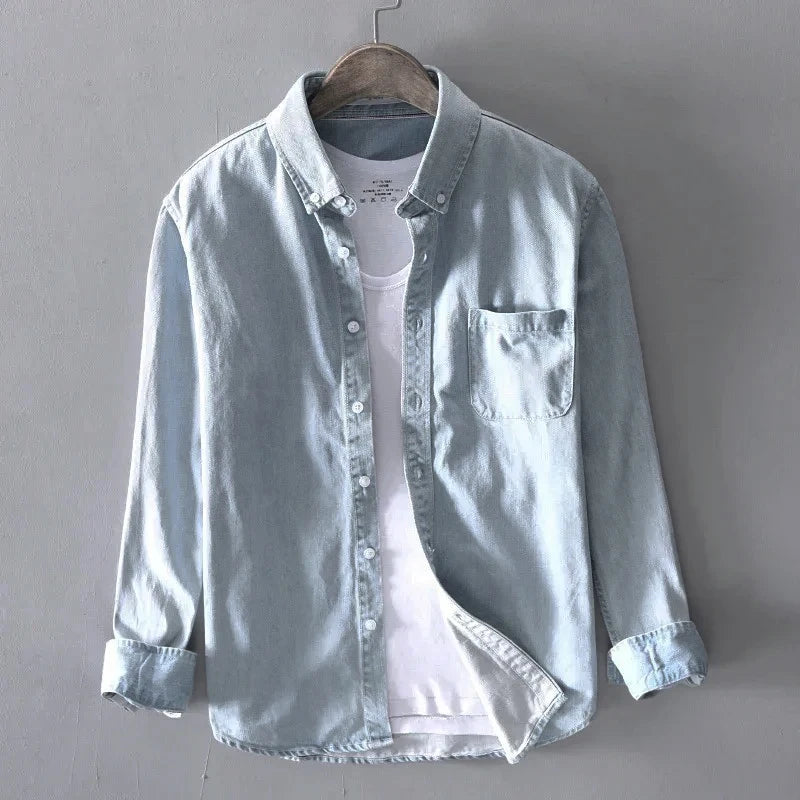 Mens Cotton Denim Shirt Long Sleeve Casual Button Down for Spring Autumn