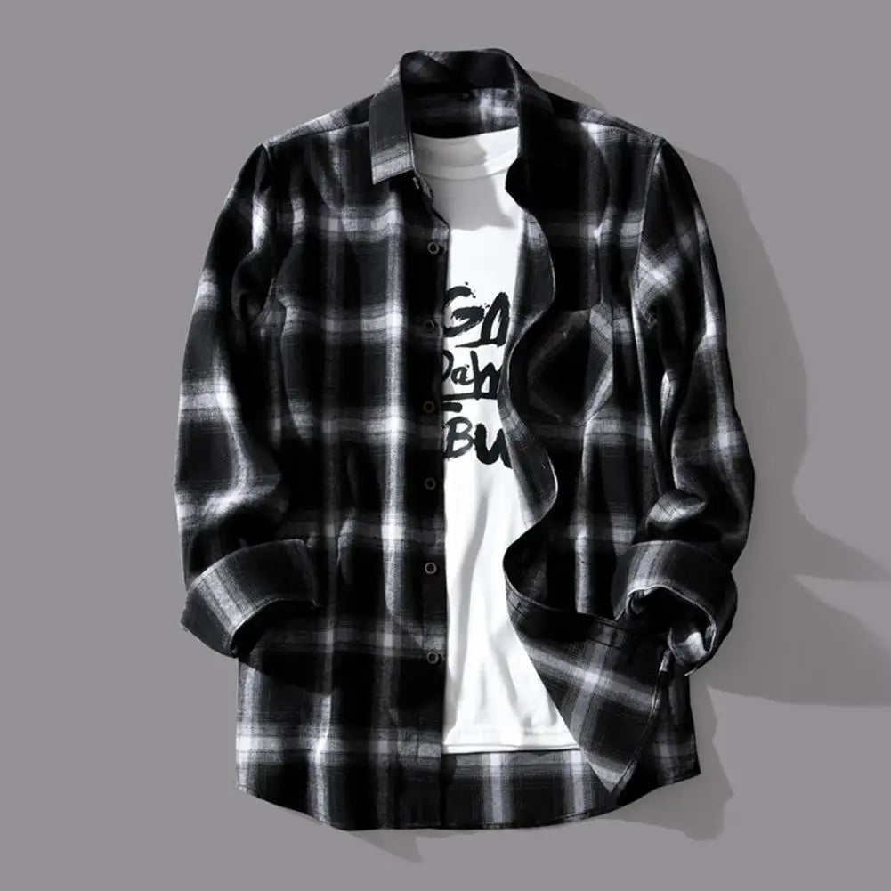 Mens Plaid Shirt Jacket Long Sleeve Oversized Casual Single Breasted Coat