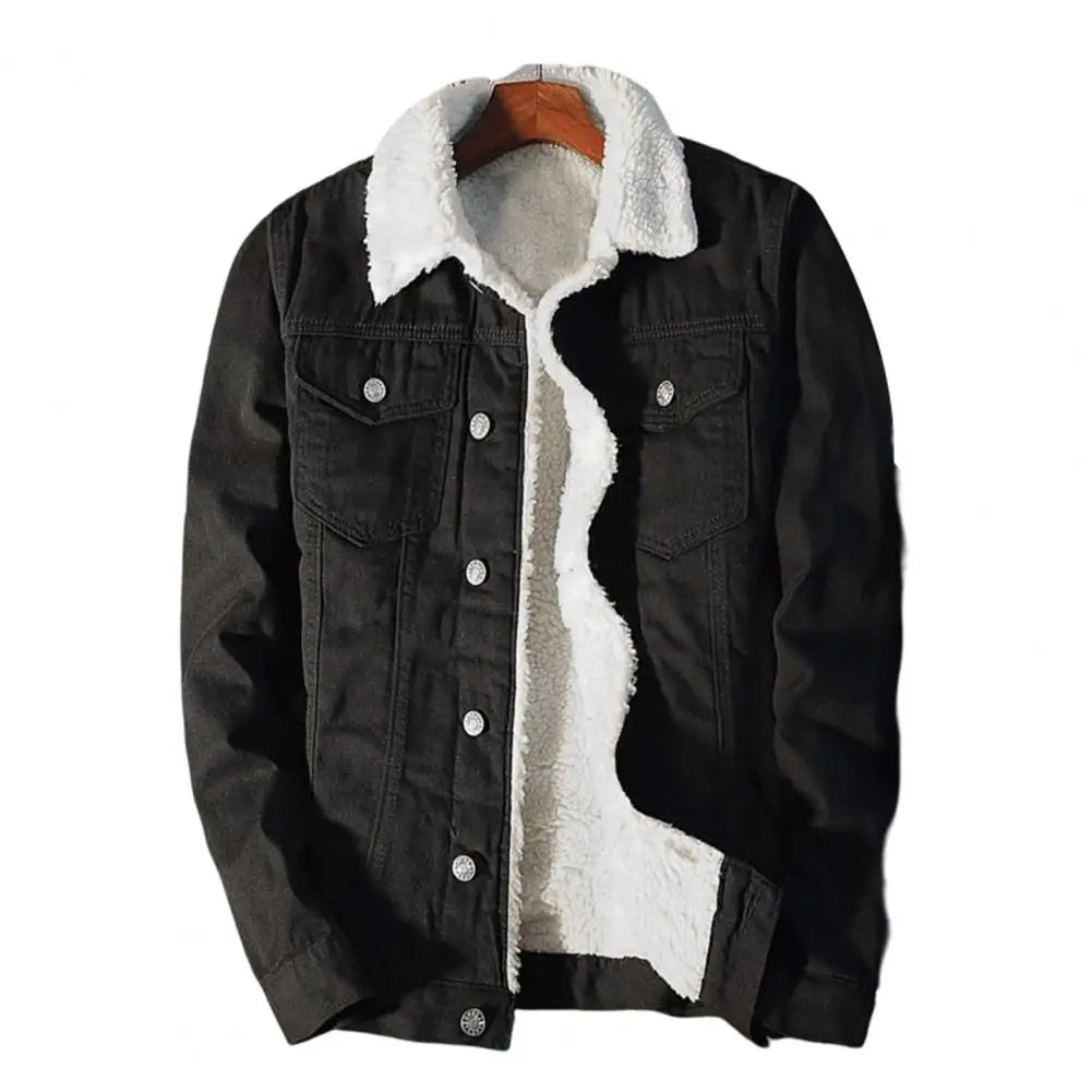 Mens Fleece Lined Denim Jacket Winter Turn Down Collar Coat