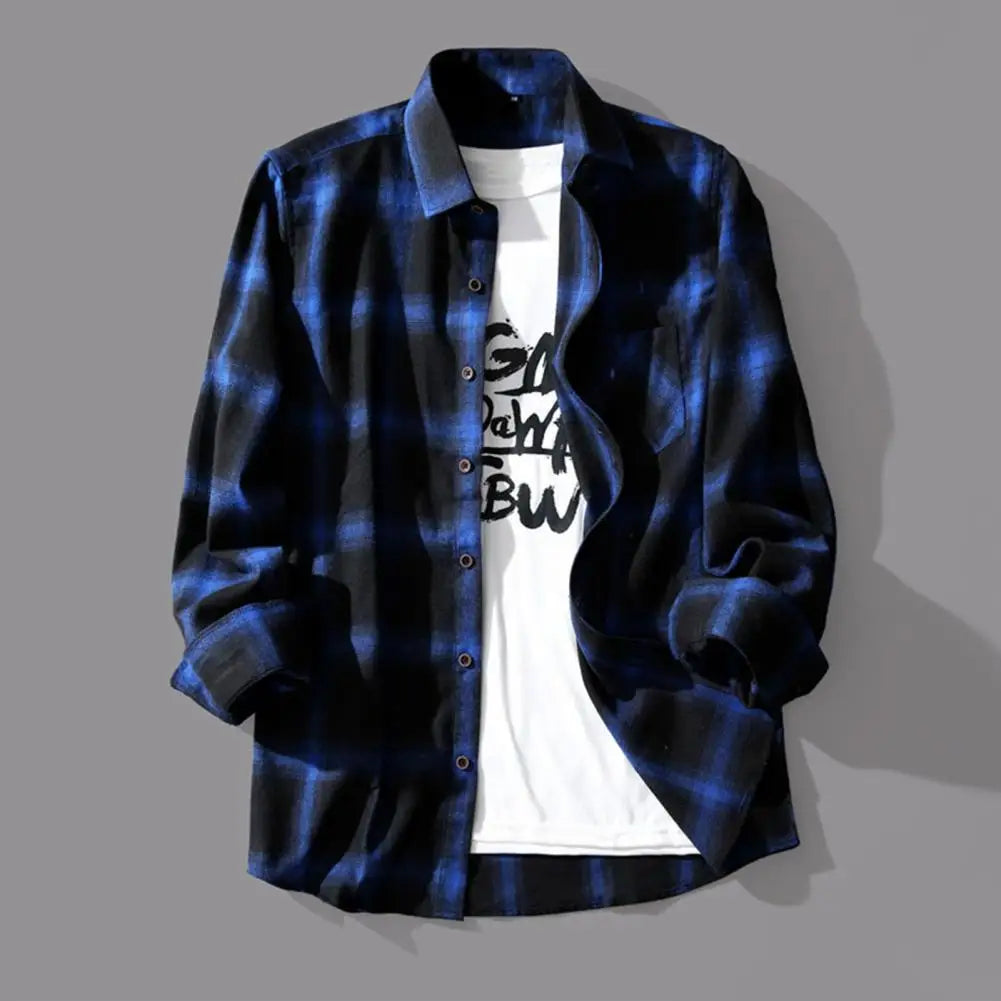 Mens Plaid Shirt Jacket Long Sleeve Oversized Casual Single Breasted Coat