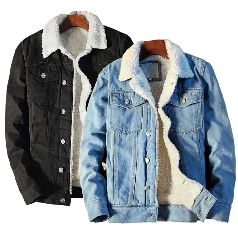 Mens Fleece Lined Denim Jacket Winter Turn Down Collar Coat