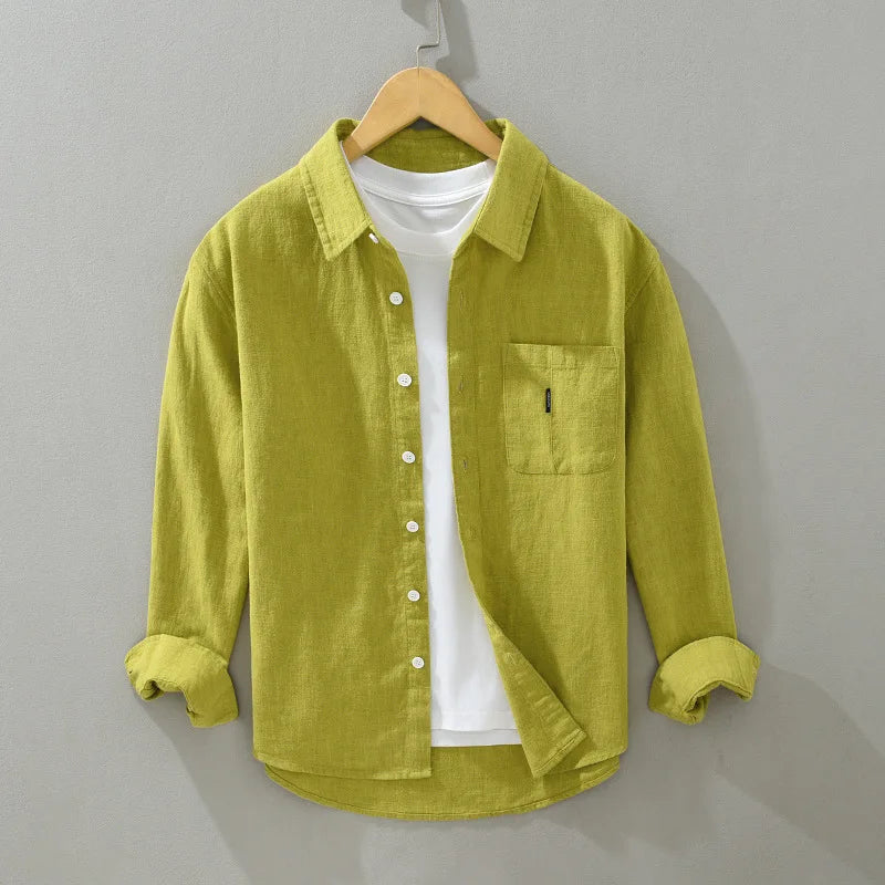 Mens Cotton Linen Casual Shirt Spring Fall Turn Down Collar