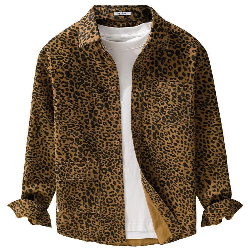 Mens Leopard Print Vintage Long Sleeve Casual Shirt for Spring and Fall